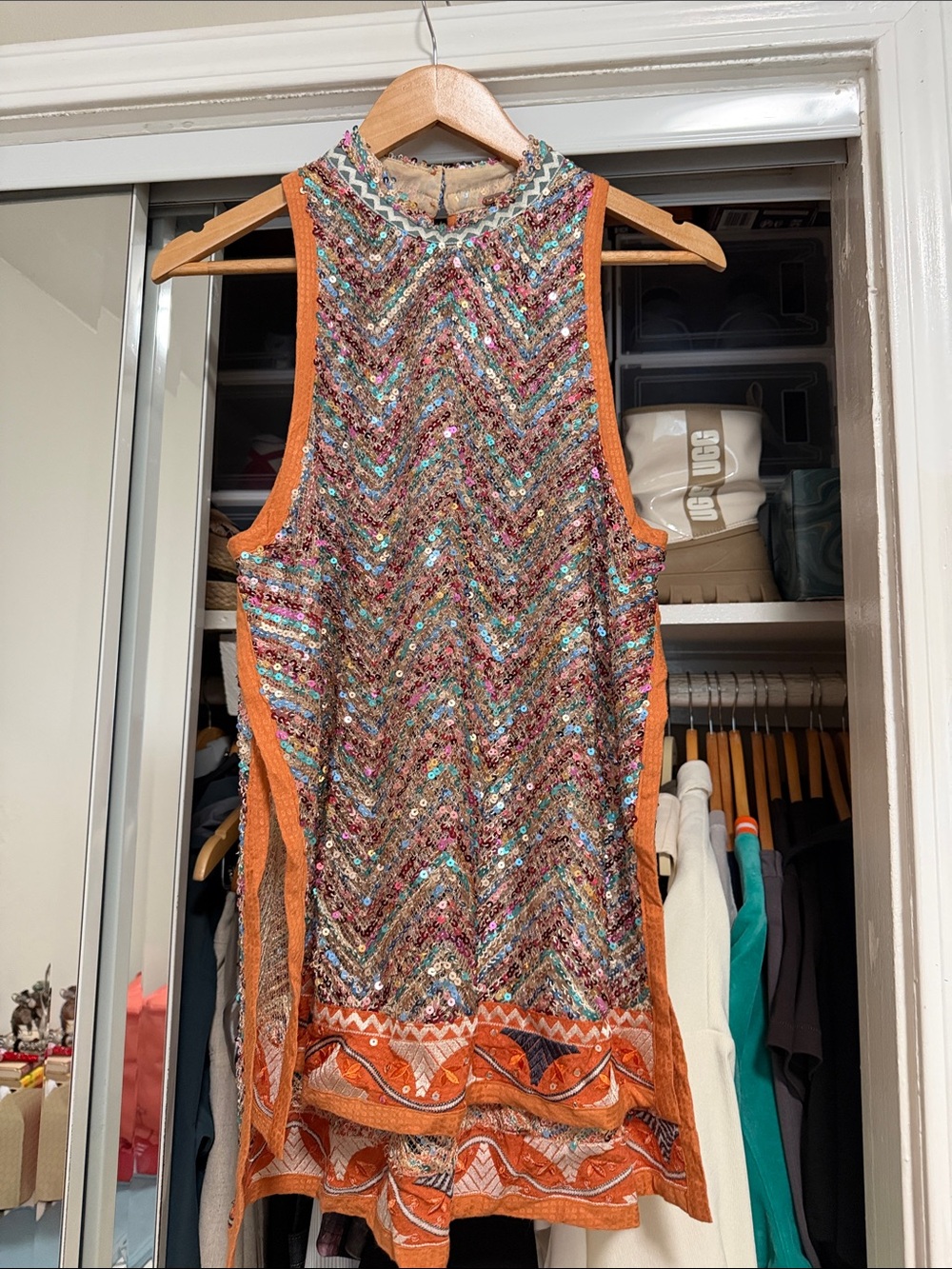 Free People Multicolor Sequin Chevron Tank with Orange Accents